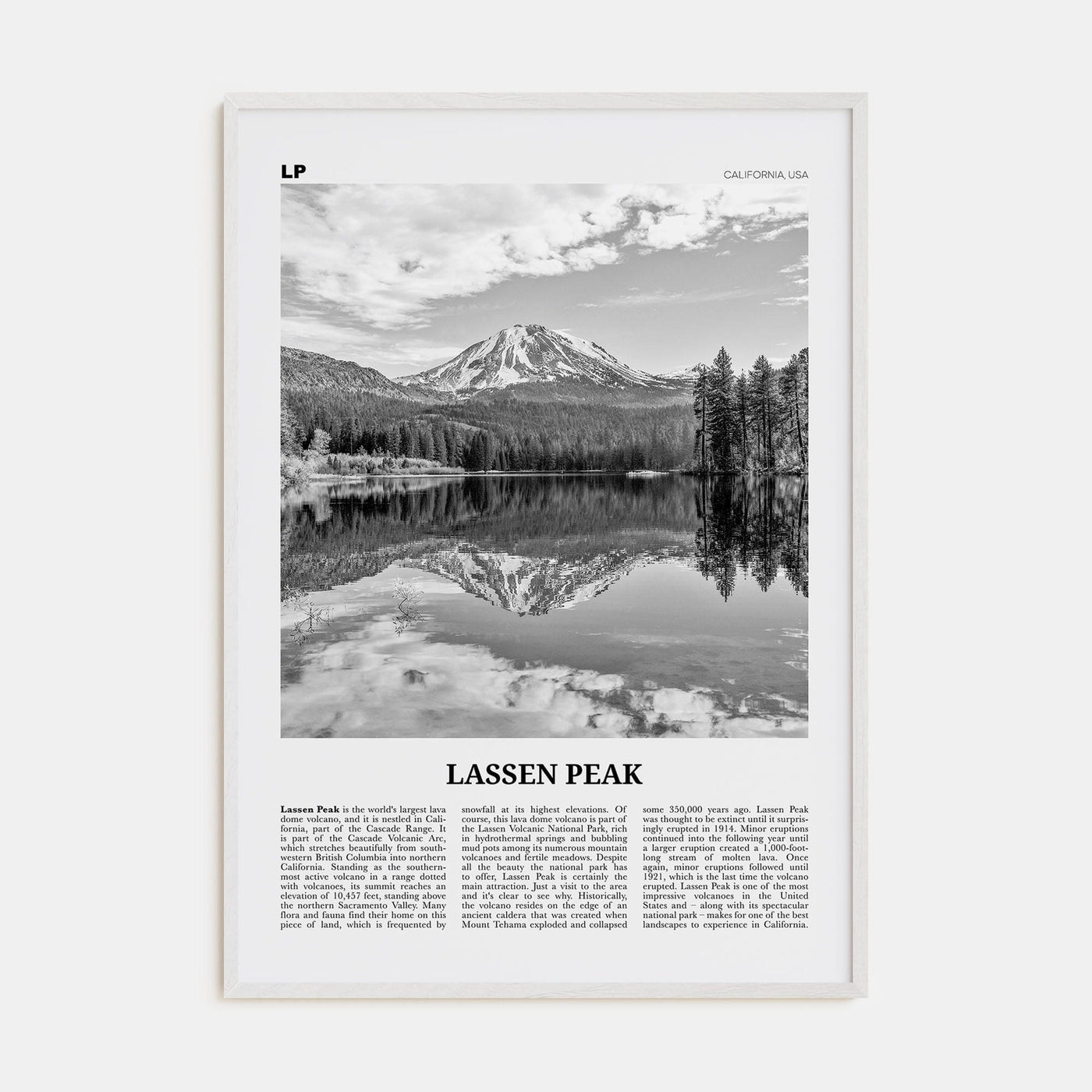 Lassen Peak Poster White Wood / 8x12 in Nbourhood Travel B&W Poster