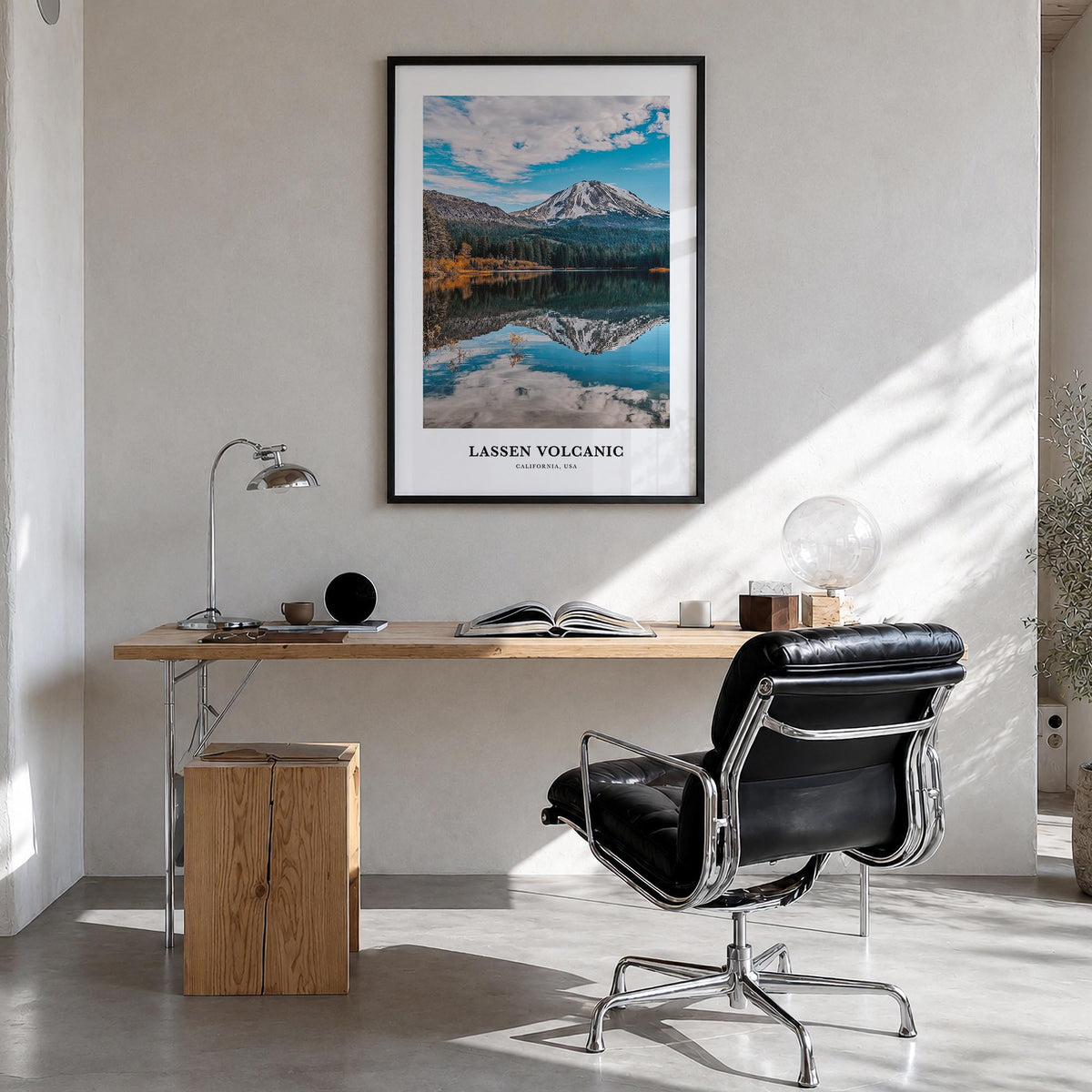 Lassen Volcanic National Park colorful classic poster of California, USA – vertical wall art in black wood frame, hanging on 