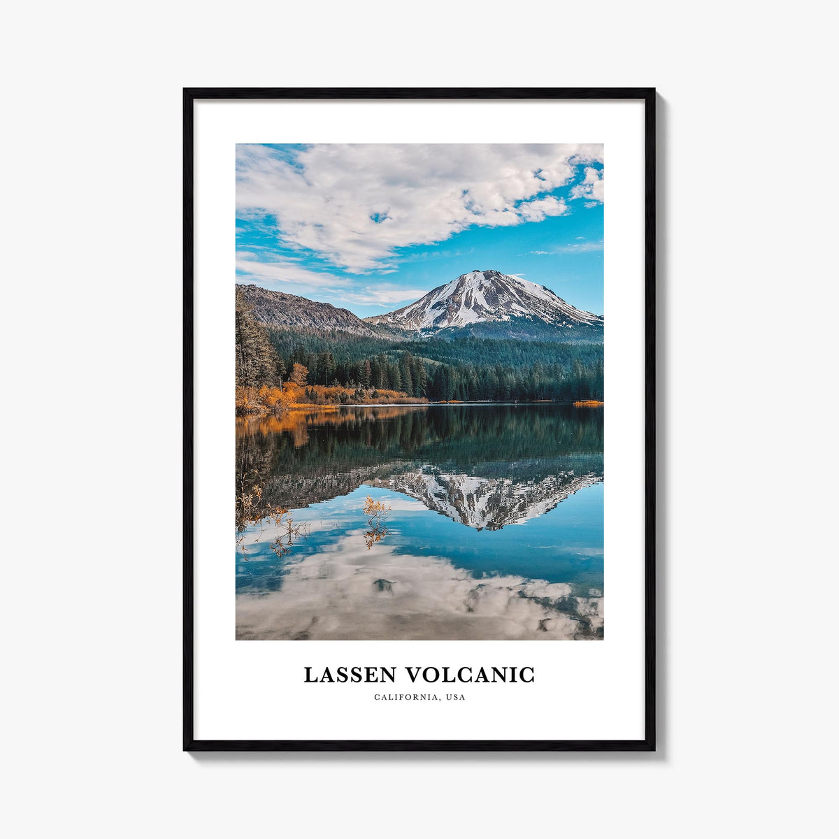 Lassen Volcanic National Park colorful classic poster of California, USA – vertical wall art, unframed print shown in interio