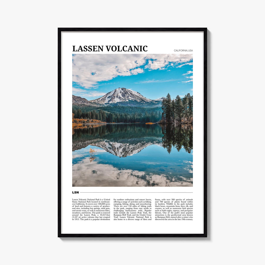 Lassen Volcanic National Park colorful travel poster of California, USA – vertical wall art, unframed print shown in interior
