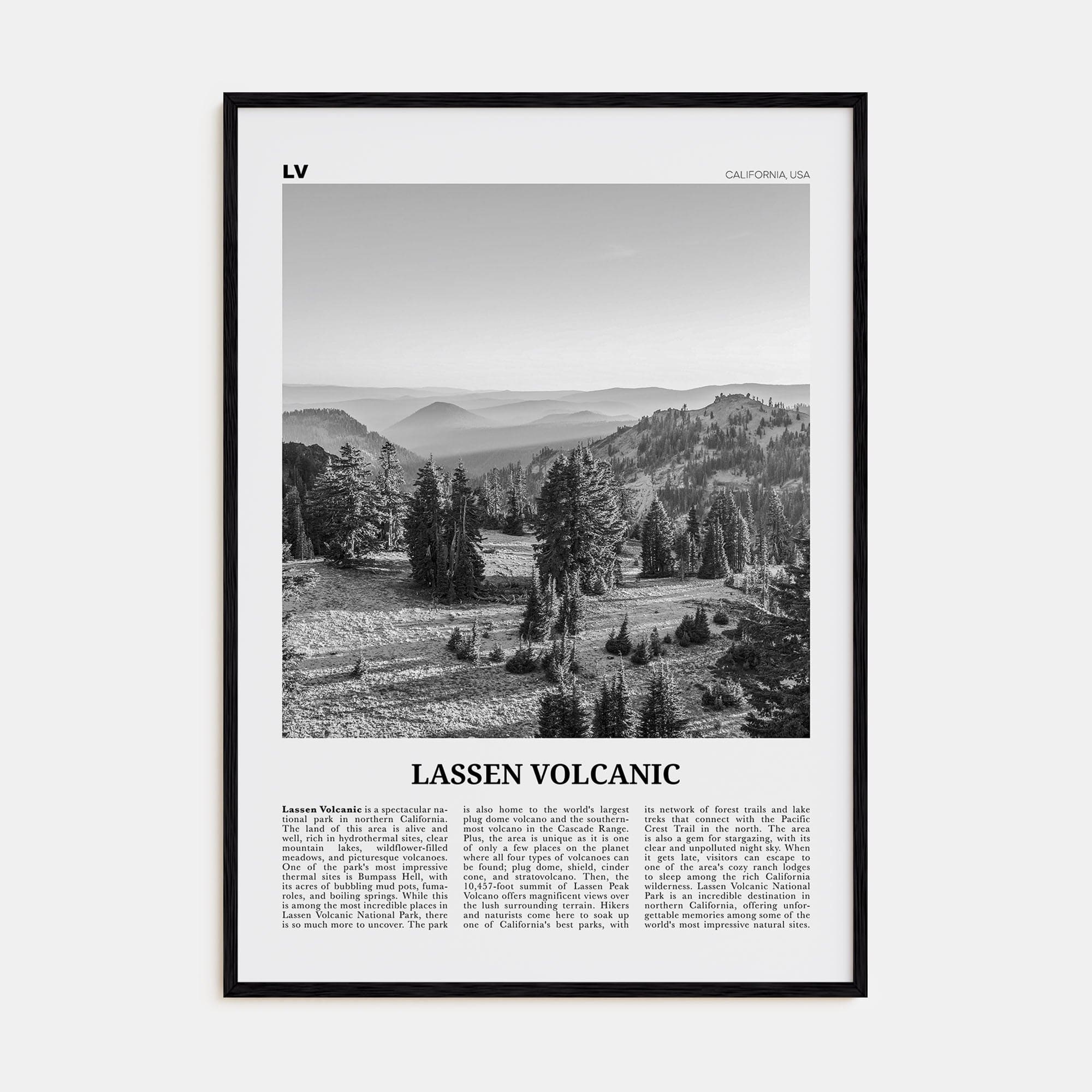 Lassen Volcanic National Park Poster Black Wood / 8x12 in Nbourhood Travel B&W Poster