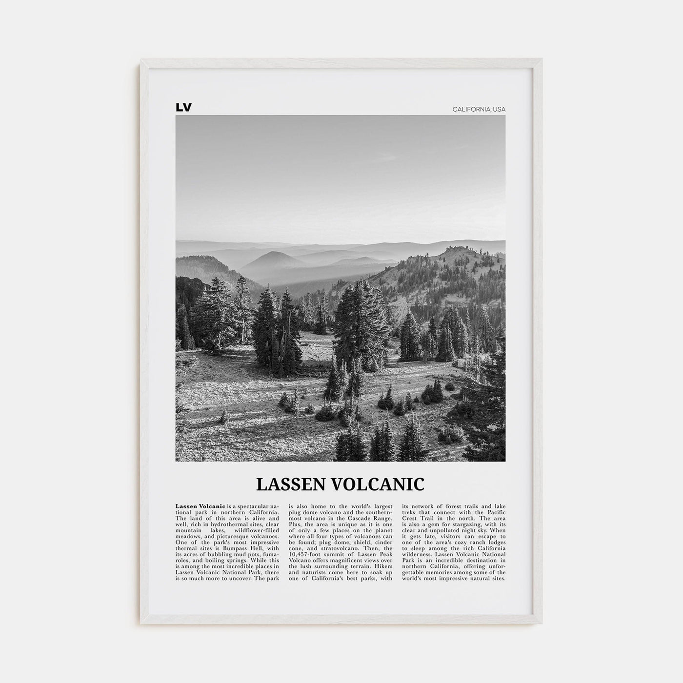 Lassen Volcanic National Park Poster White Wood / 8x12 in Nbourhood Travel B&W Poster