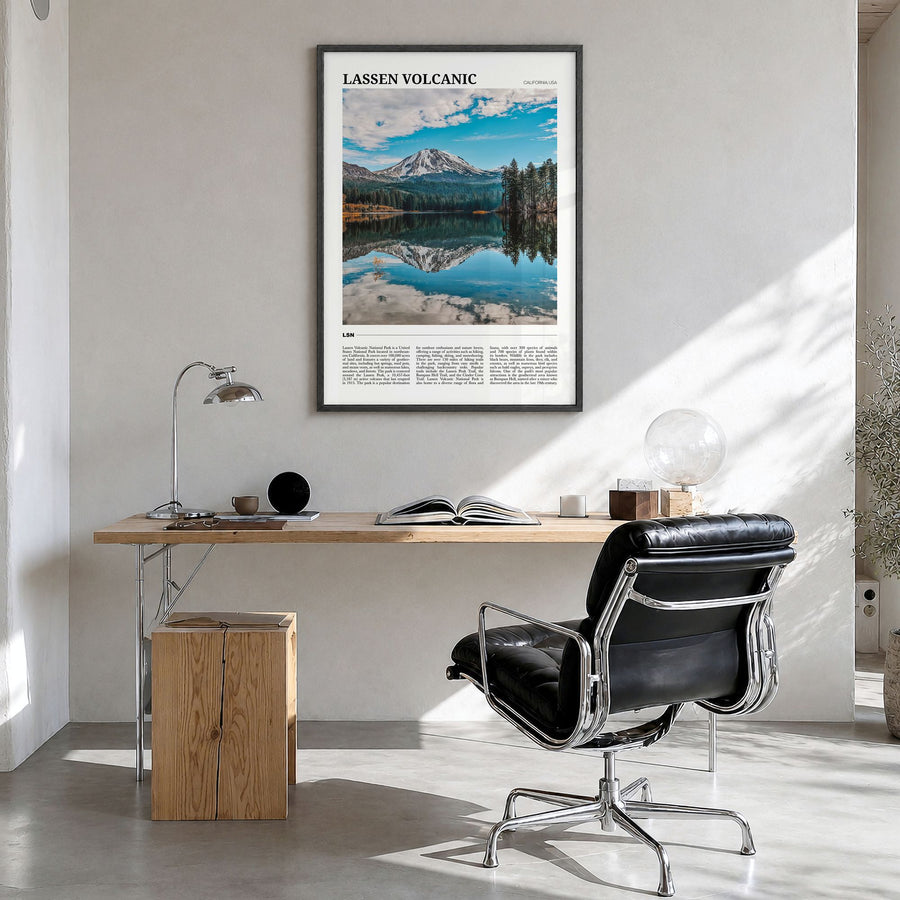 Lassen Volcanic National Park Travel Poster in a black wood frame, hanging in a bright home office