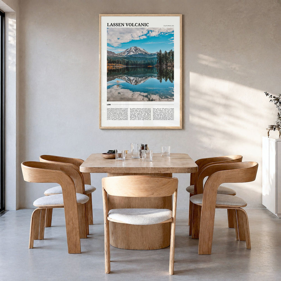 Lassen Volcanic National Park Travel Poster in a natural wood frame, hanging in a dining room