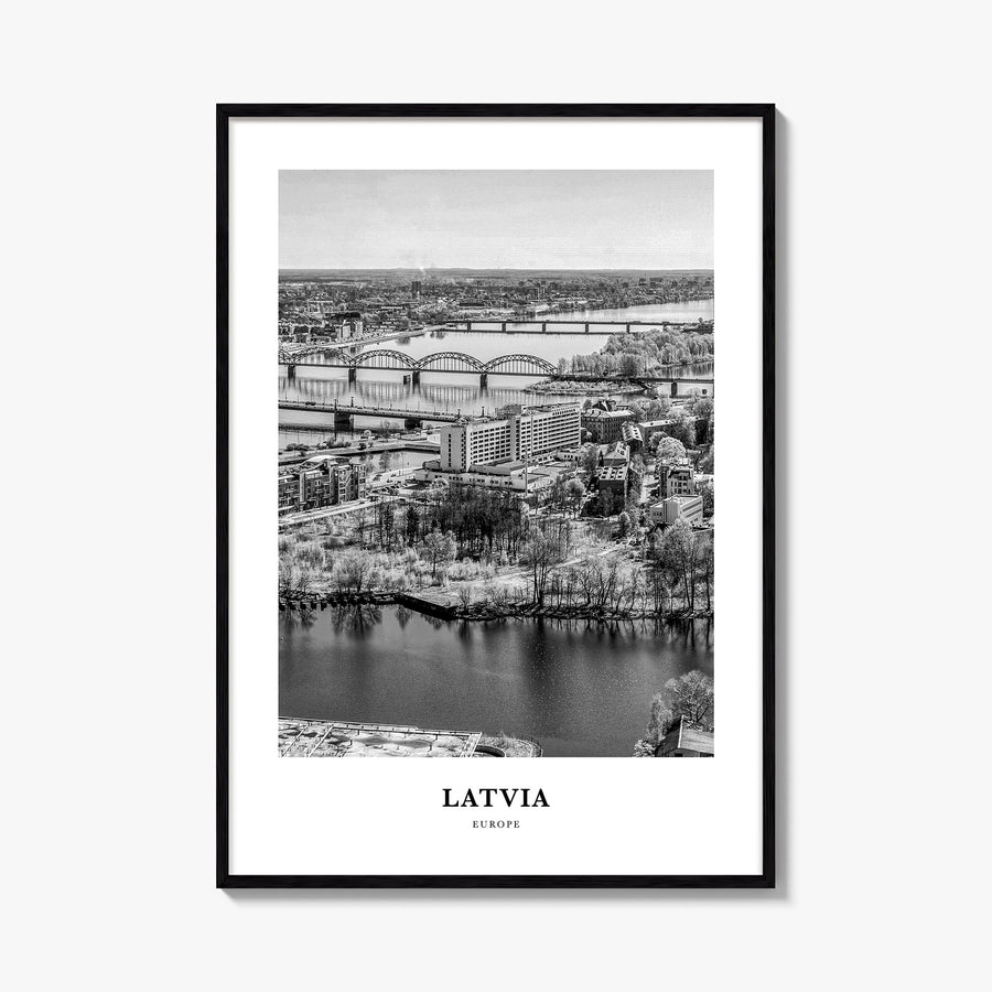 Latvia black & white classic poster of Europe – vertical wall art, unframed print shown in interior mockup