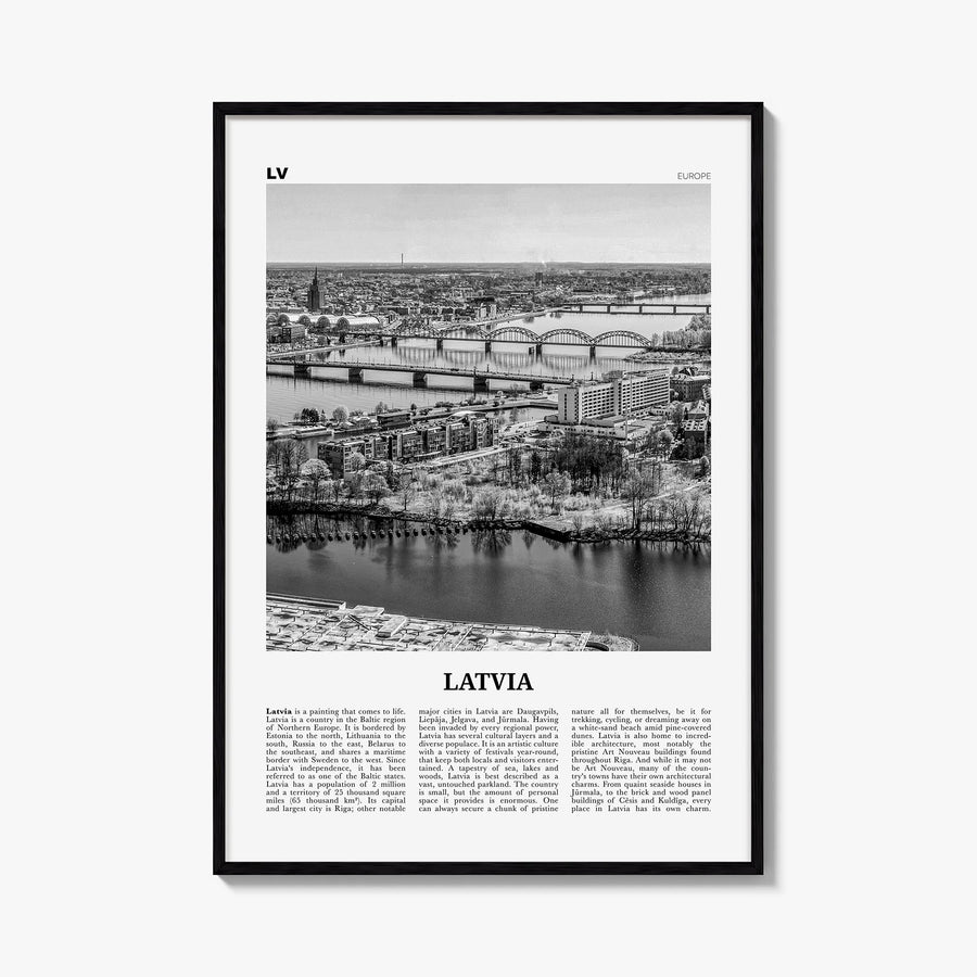 Latvia black & white newspaper poster of Europe – vertical wall art, unframed print shown in interior mockup