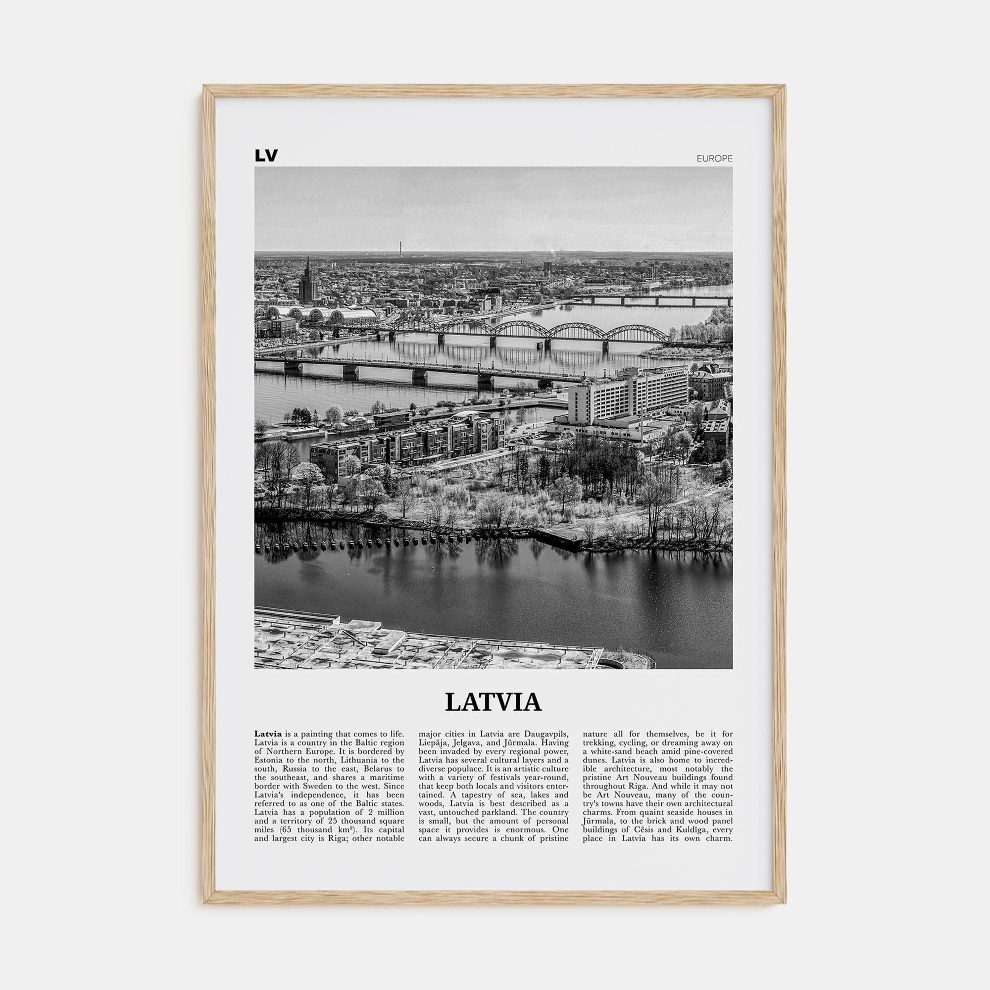 Latvia Poster Natural Wood / 8x12 in Nbourhood Travel B&W Poster