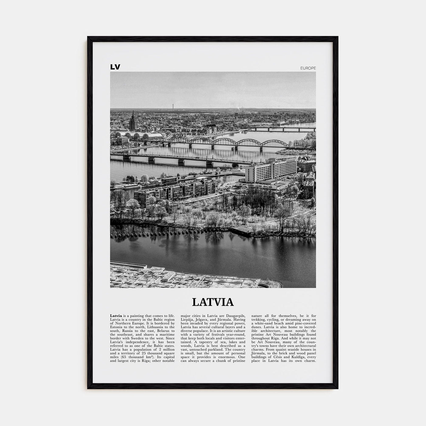 Latvia Poster Black Wood / 8x12 in Nbourhood Travel B&W Poster