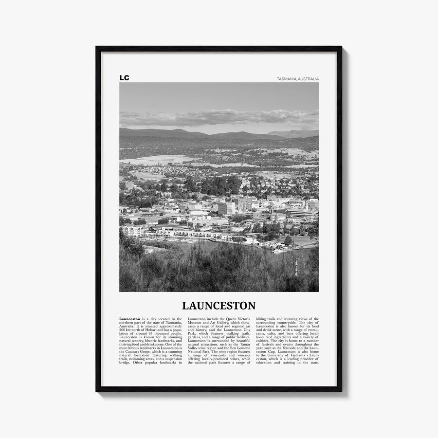 Launceston black & white newspaper poster of Australia – vertical wall art, unframed print shown in interior mockup