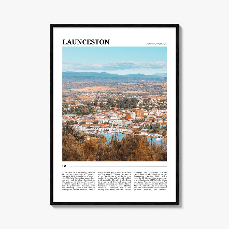 Launceston colorful travel poster of Australia – vertical wall art, unframed print shown in interior mockup