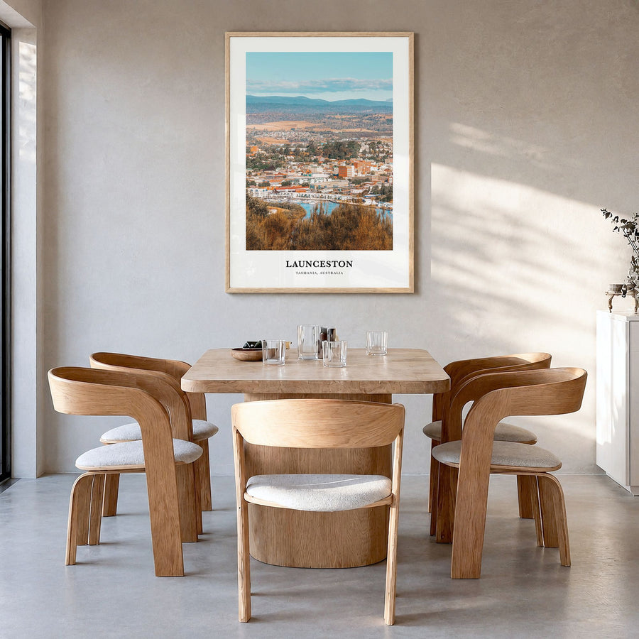 Launceston Classic Poster in a natural wood frame, hanging in a dining room
