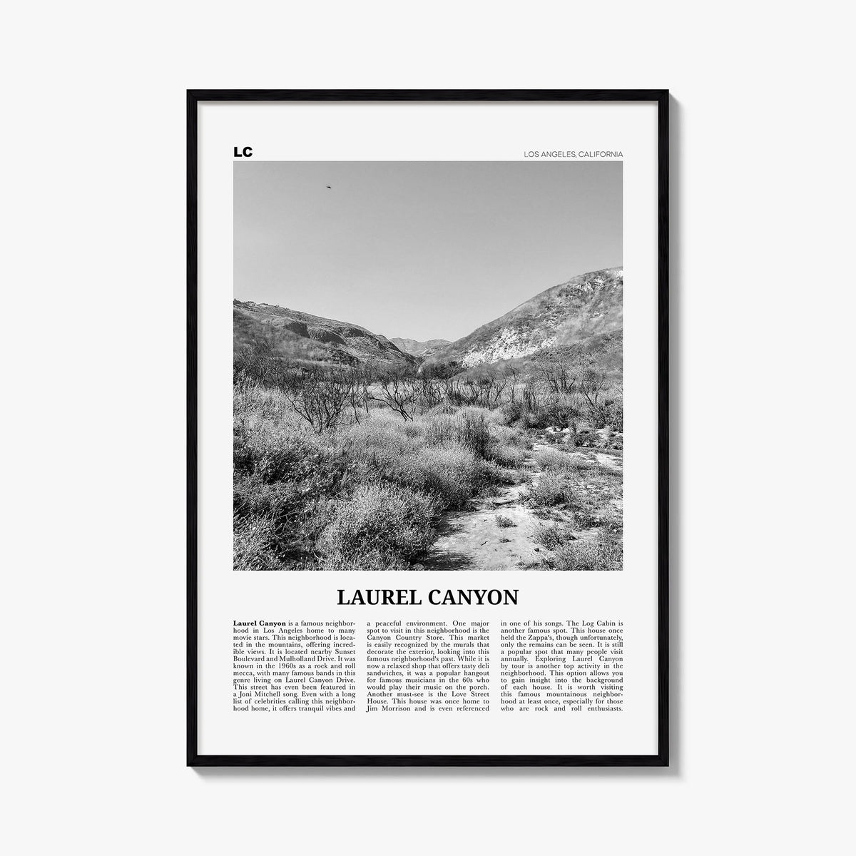 Laurel Canyon black & white newspaper poster of Los Angeles, California – vertical wall art, unframed print shown in interior