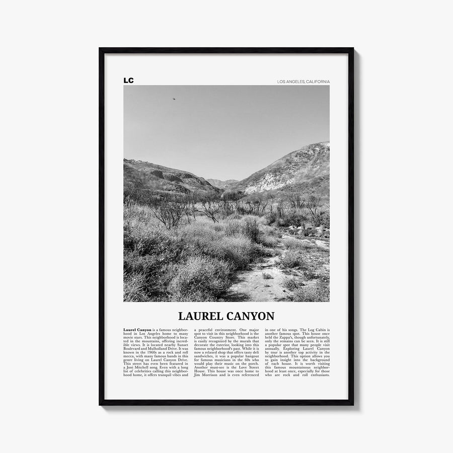 Laurel Canyon black & white newspaper poster of Los Angeles, California – vertical wall art, unframed print shown in interior