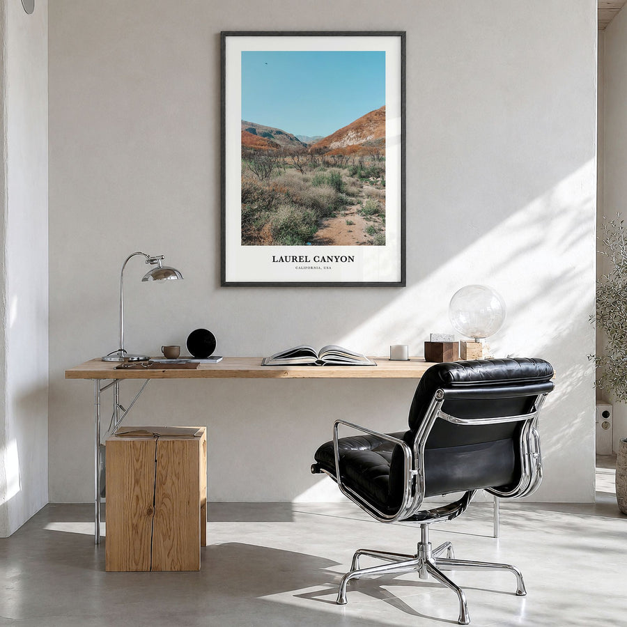 Laurel Canyon Classic Poster in a black wood frame, hanging in a bright home office