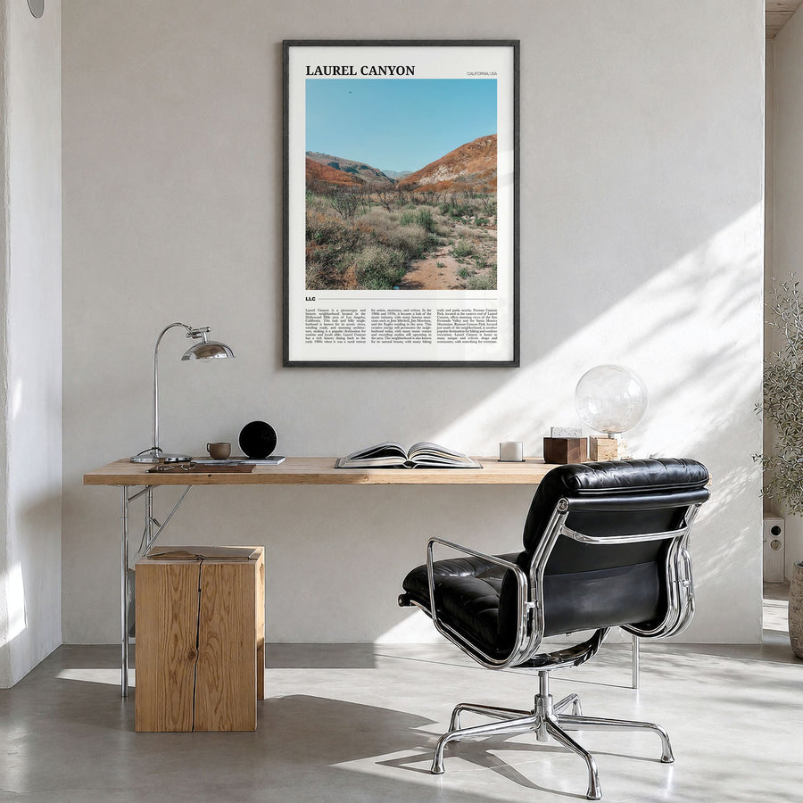Laurel Canyon Travel Poster in a black wood frame, hanging in a bright home office