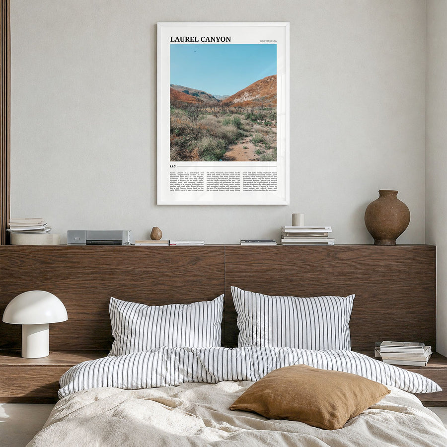 Laurel Canyon Travel Poster in a white wood frame, hanging in a bedroom