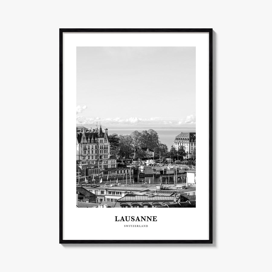 Lausanne black & white classic poster of Switzerland – vertical wall art, unframed print shown in interior mockup