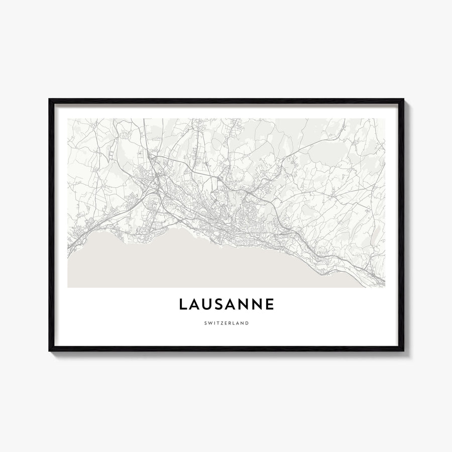 Lausanne black & white map poster of Switzerland – horizontal wall art, unframed print shown in interior mockup