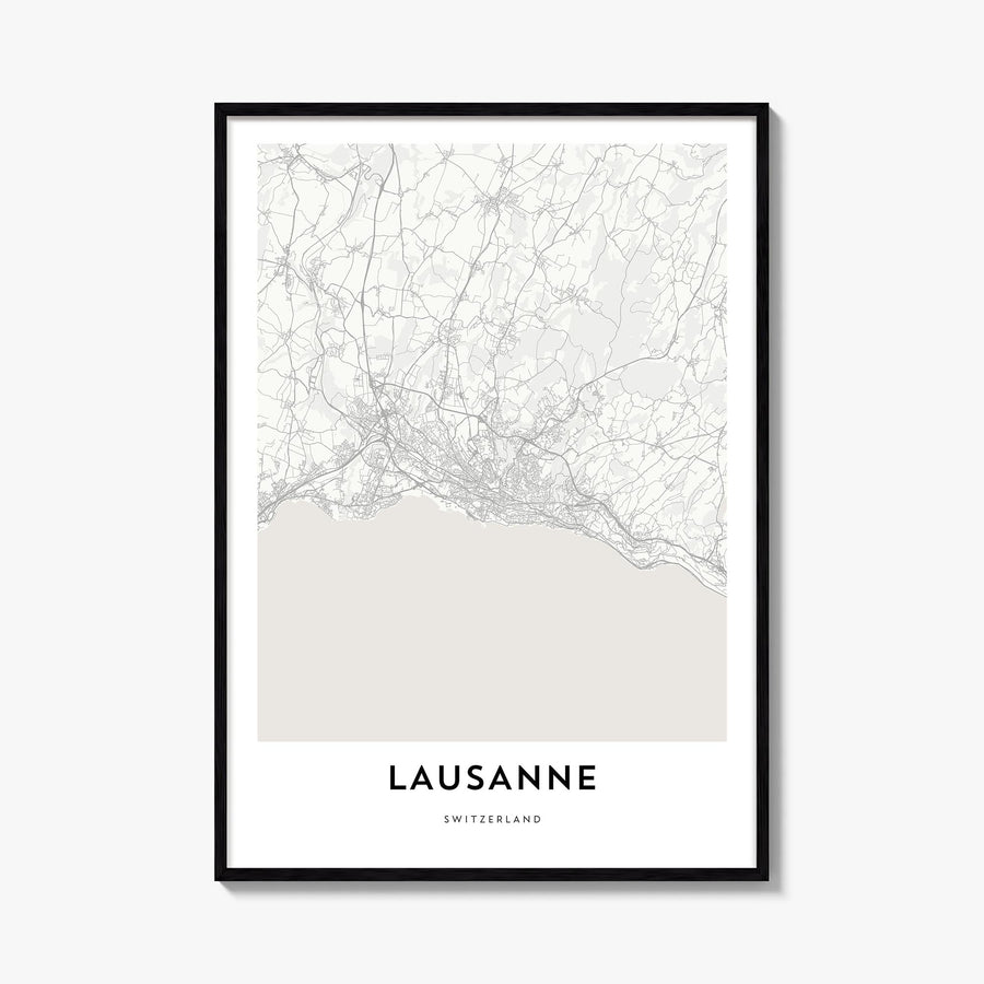 Lausanne black & white map poster of Switzerland – vertical wall art, unframed print shown in interior mockup