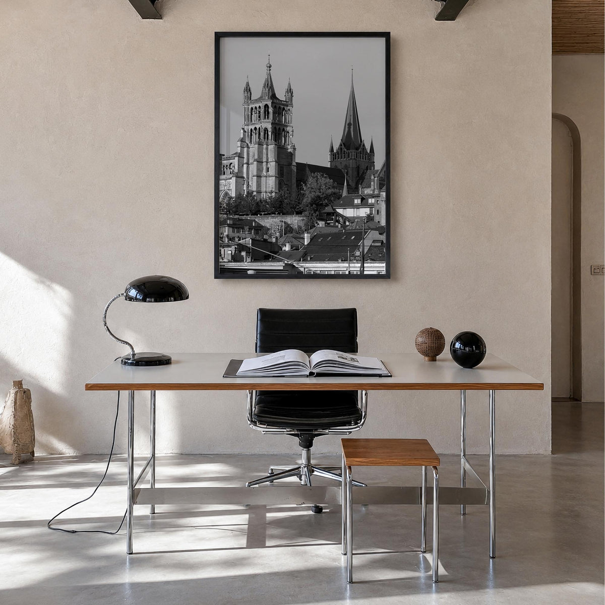 Lausanne black & white photo poster of Switzerland – vertical wall art in black wood frame, hanging on wall