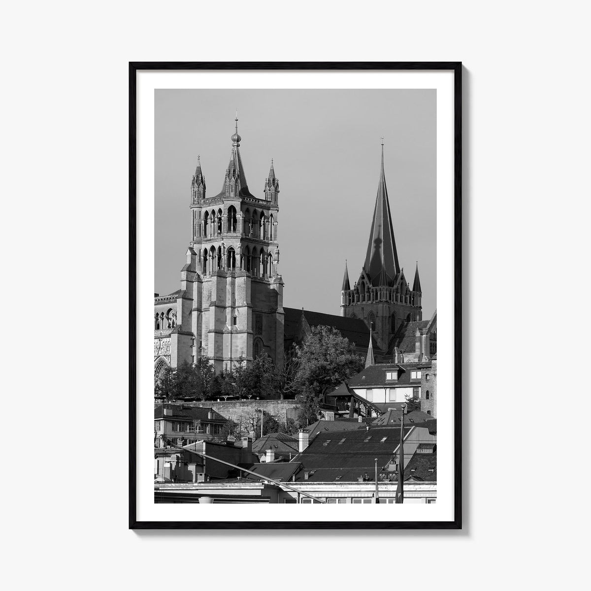 Lausanne black & white photo poster of Switzerland – vertical wall art, unframed print shown in interior mockup