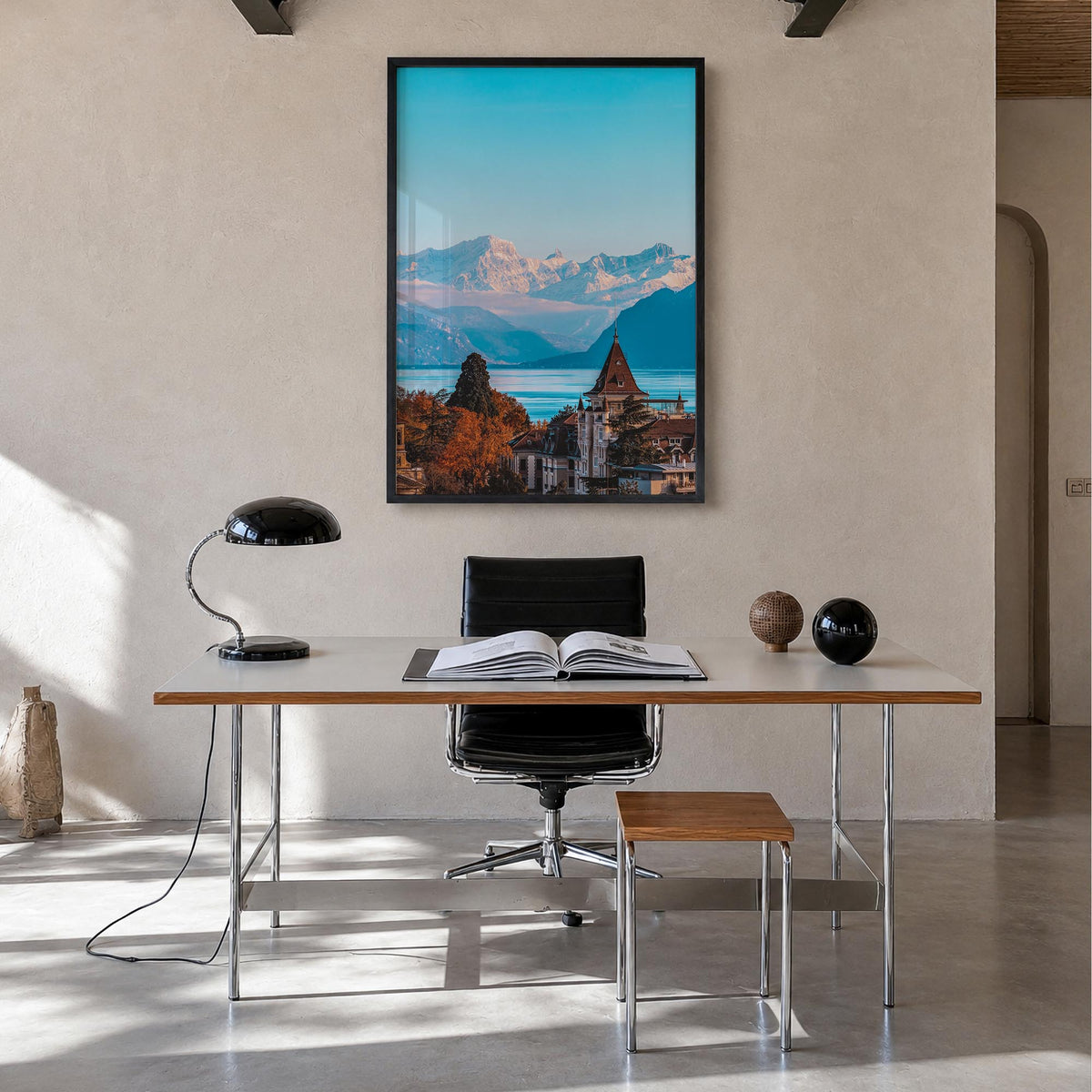 Lausanne colorful photo poster of Switzerland – vertical wall art in black wood frame, hanging on wall