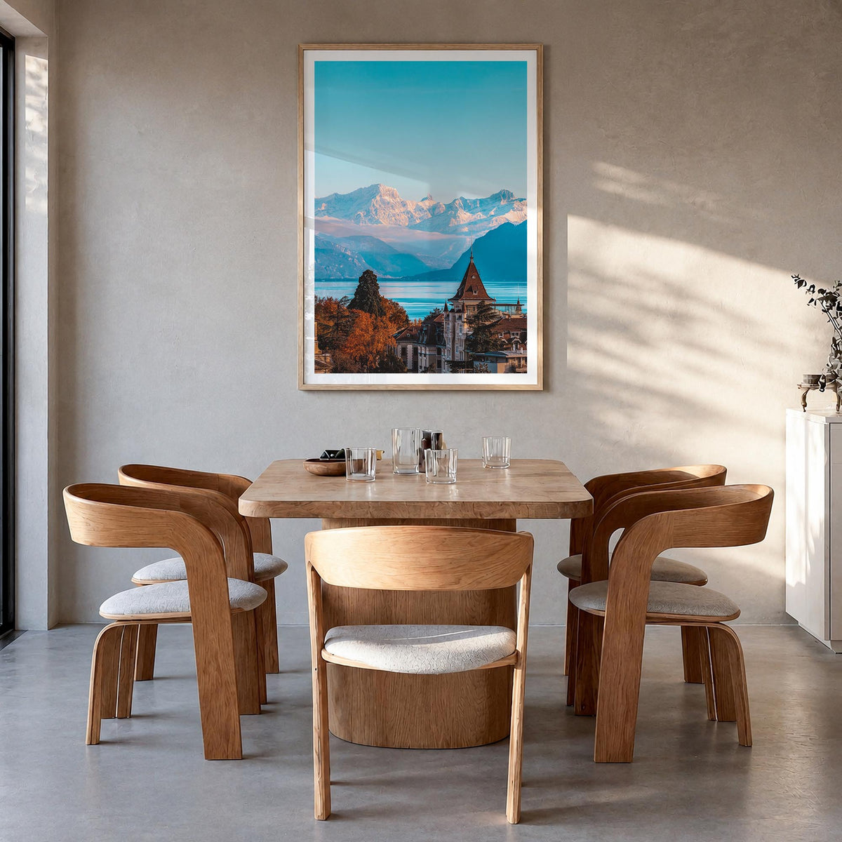 Lausanne colorful photo poster of Switzerland – vertical wall art in natural wood frame with white border, hanging on wall