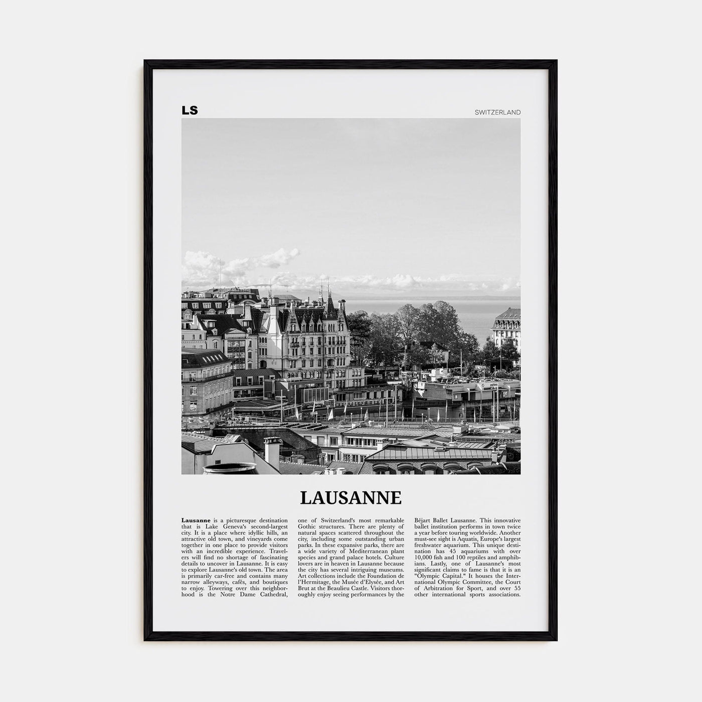 Lausanne Poster Black Wood / 8x12 in Nbourhood Travel B&W Poster