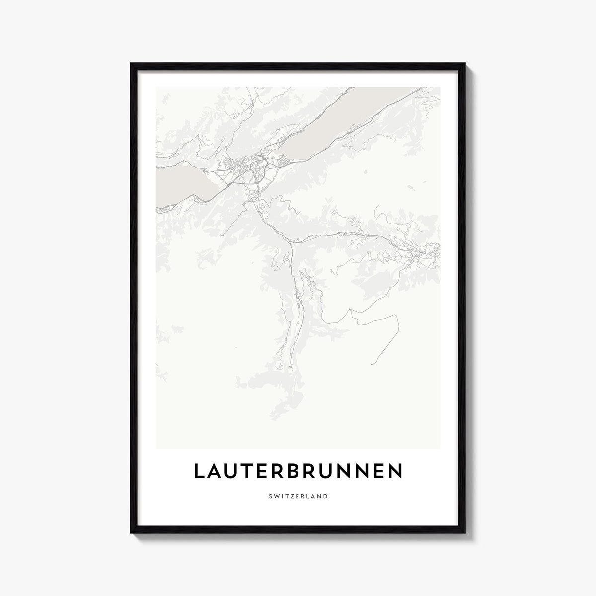 Lauterbrunnen black & white map poster of Switzerland – vertical wall art, unframed print shown in interior mockup