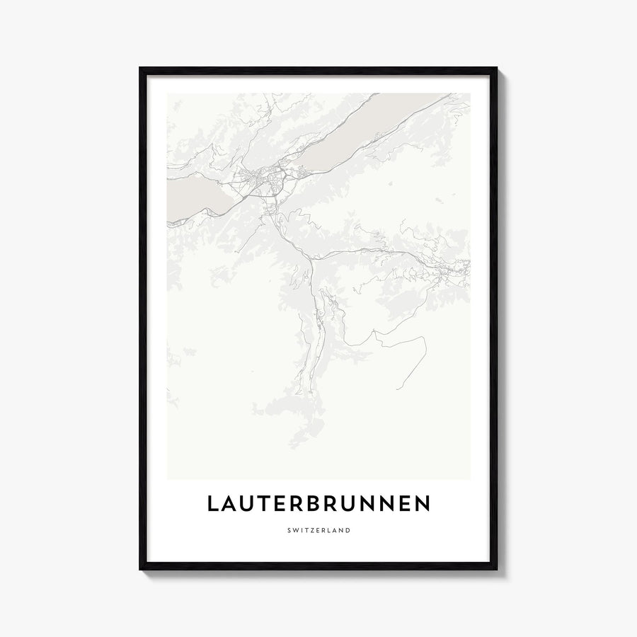 Lauterbrunnen black & white map poster of Switzerland – vertical wall art, unframed print shown in interior mockup
