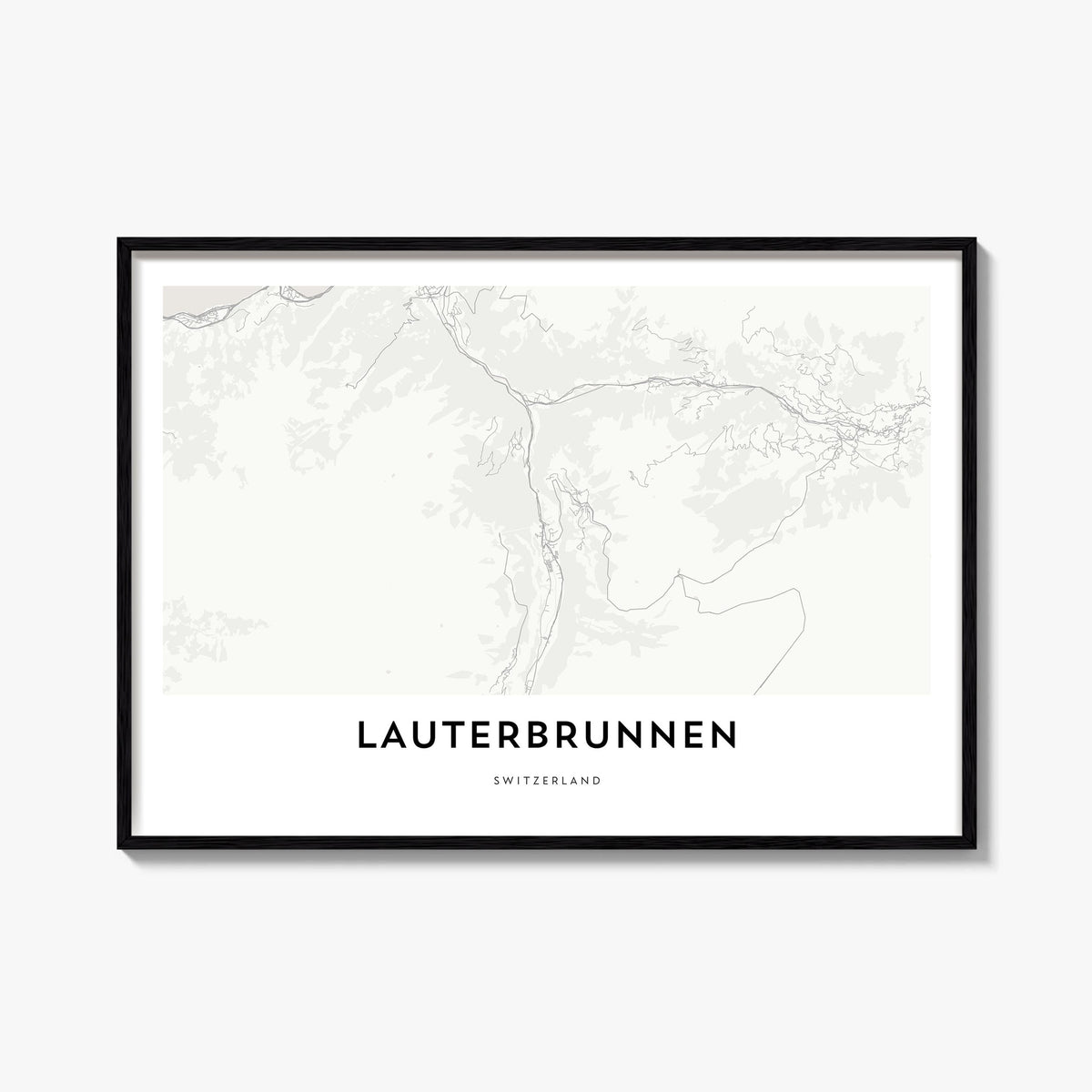 Lauterbrunnen black & white map poster of Switzerland – horizontal wall art, unframed print shown in interior mockup