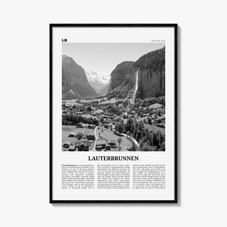 Lauterbrunnen black & white newspaper poster of Switzerland – vertical wall art, unframed print shown in interior mockup