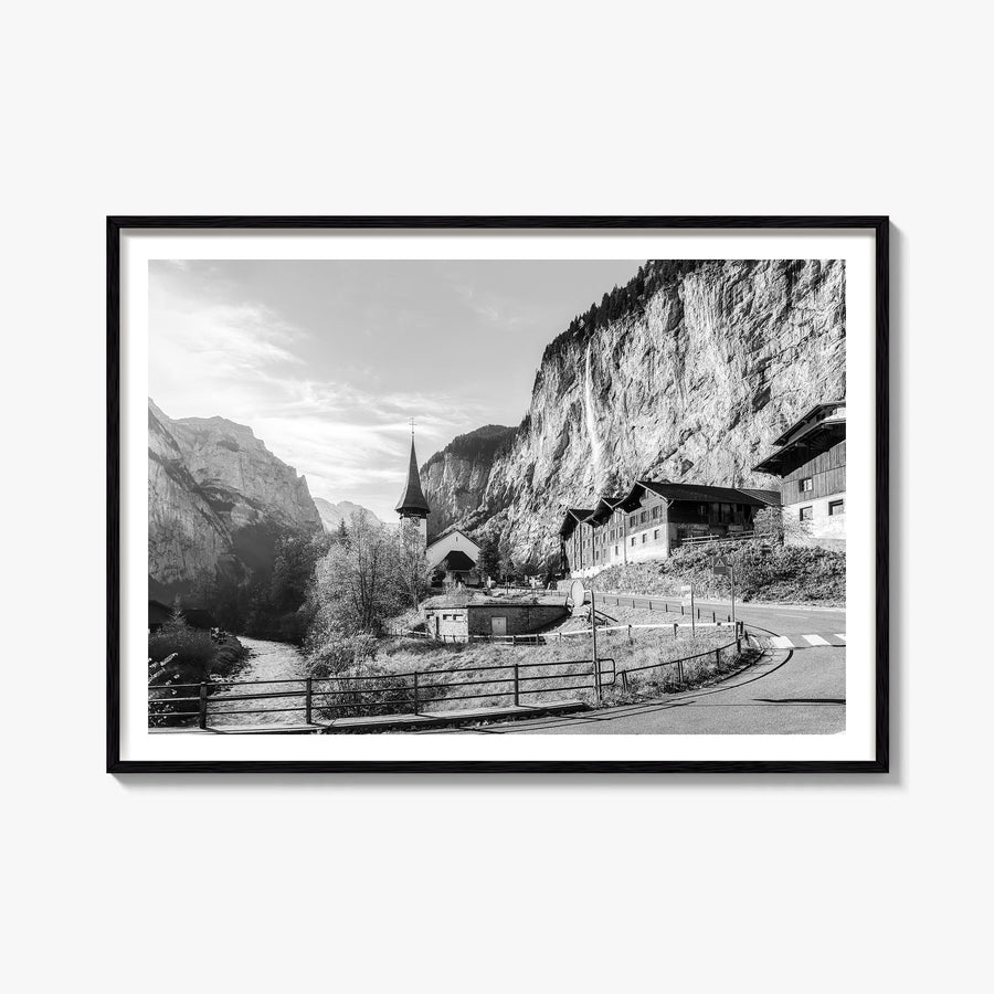 Lauterbrunnen black & white photo poster of Switzerland – horizontal wall art, unframed print shown in interior mockup