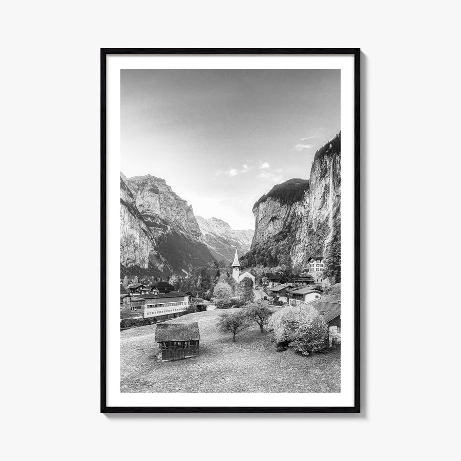 Lauterbrunnen black & white photo poster of Switzerland – vertical wall art, unframed print shown in interior mockup