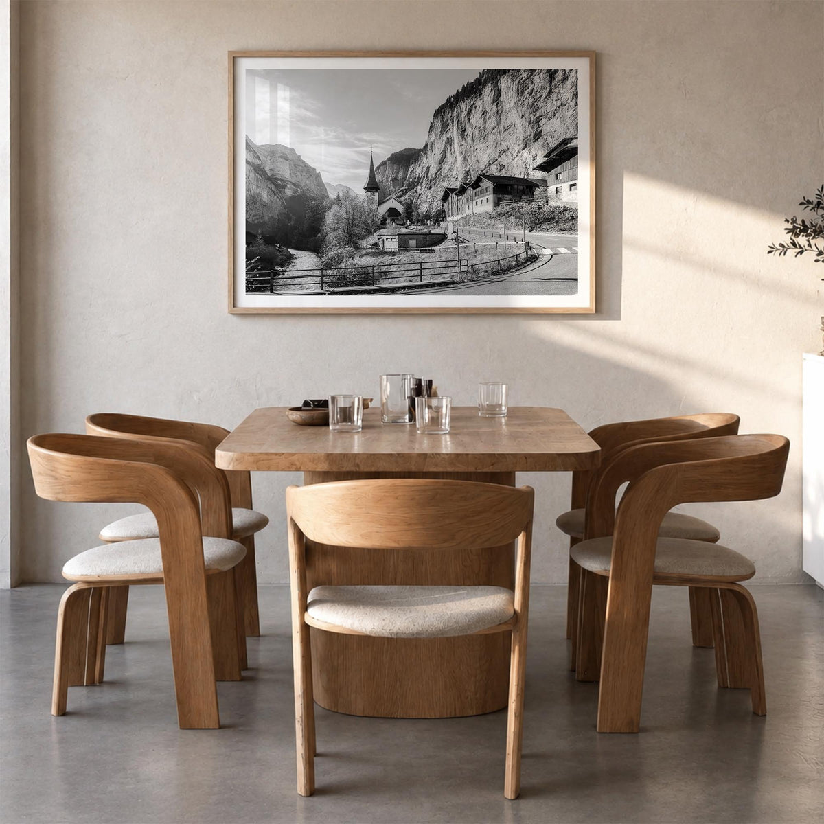 Lauterbrunnen black & white photo poster of Switzerland – horizontal wall art in natural wood frame with white border, hangin