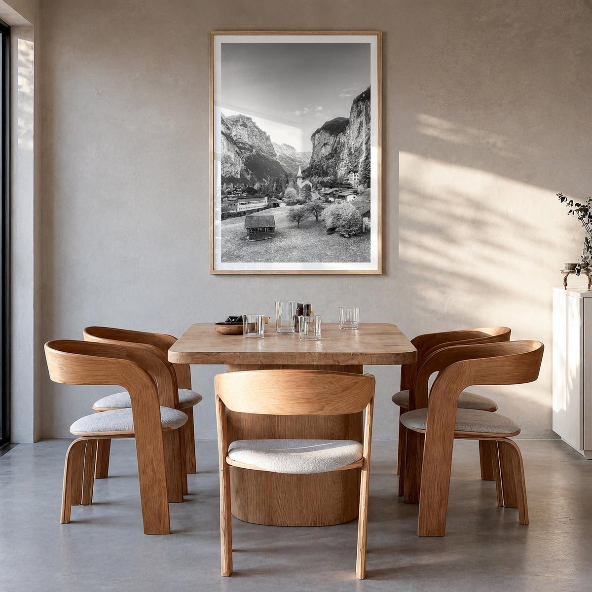 Lauterbrunnen black & white photo poster of Switzerland – vertical wall art in natural wood frame with white border, hanging 