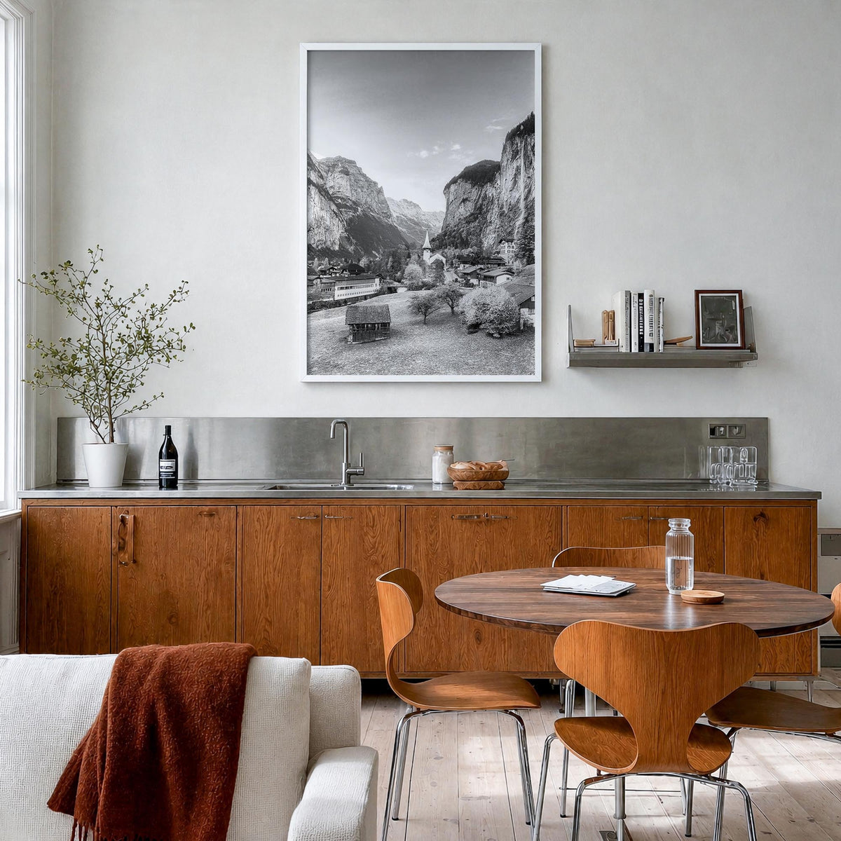 Lauterbrunnen black & white photo poster of Switzerland – vertical wall art in white wood frame, hanging on wall