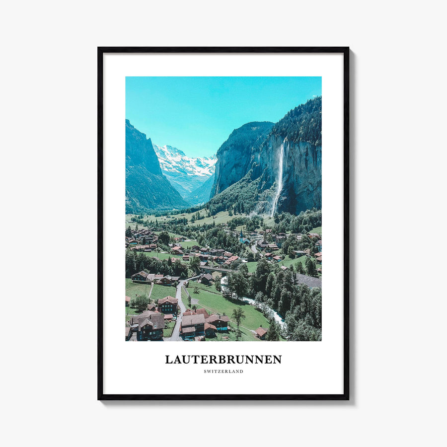 Lauterbrunnen colorful classic poster of Switzerland – vertical wall art, unframed print shown in interior mockup
