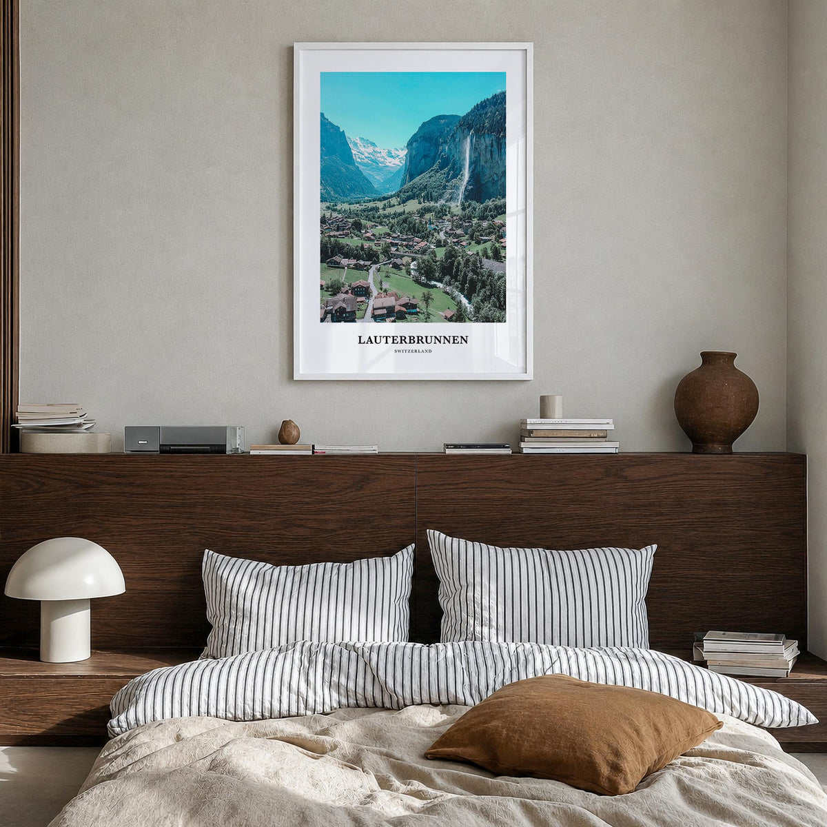 Lauterbrunnen colorful classic poster of Switzerland – vertical wall art in white wood frame, hanging on wall