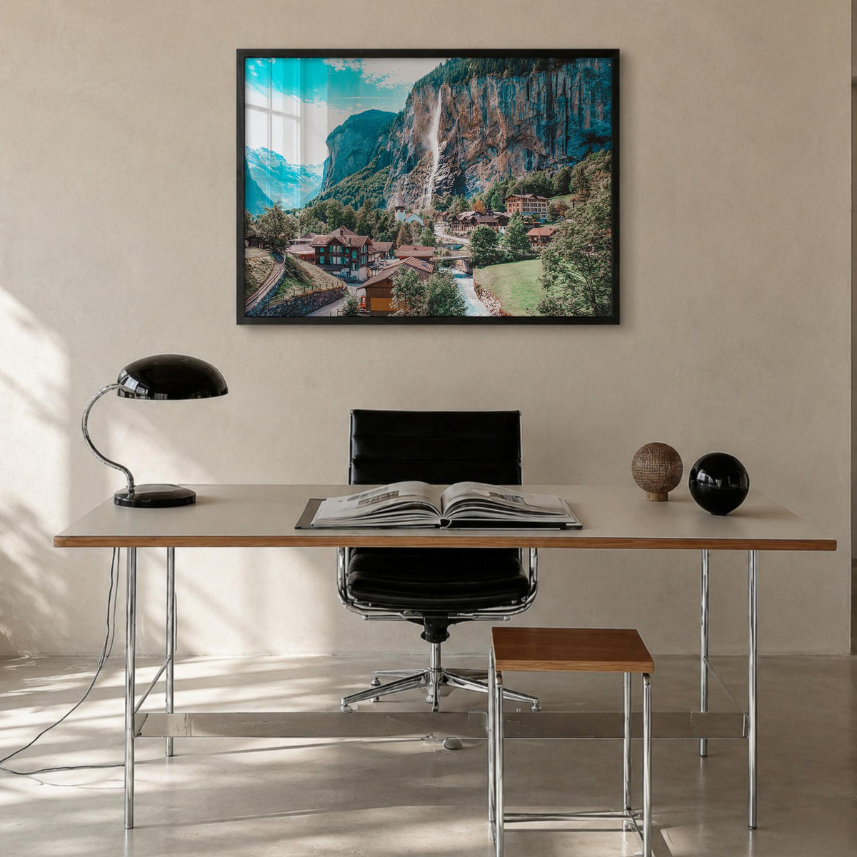Lauterbrunnen colorful photo poster of Switzerland – horizontal wall art in black wood frame, hanging on wall