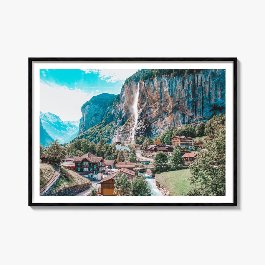 Lauterbrunnen colorful photo poster of Switzerland – horizontal wall art, unframed print shown in interior mockup