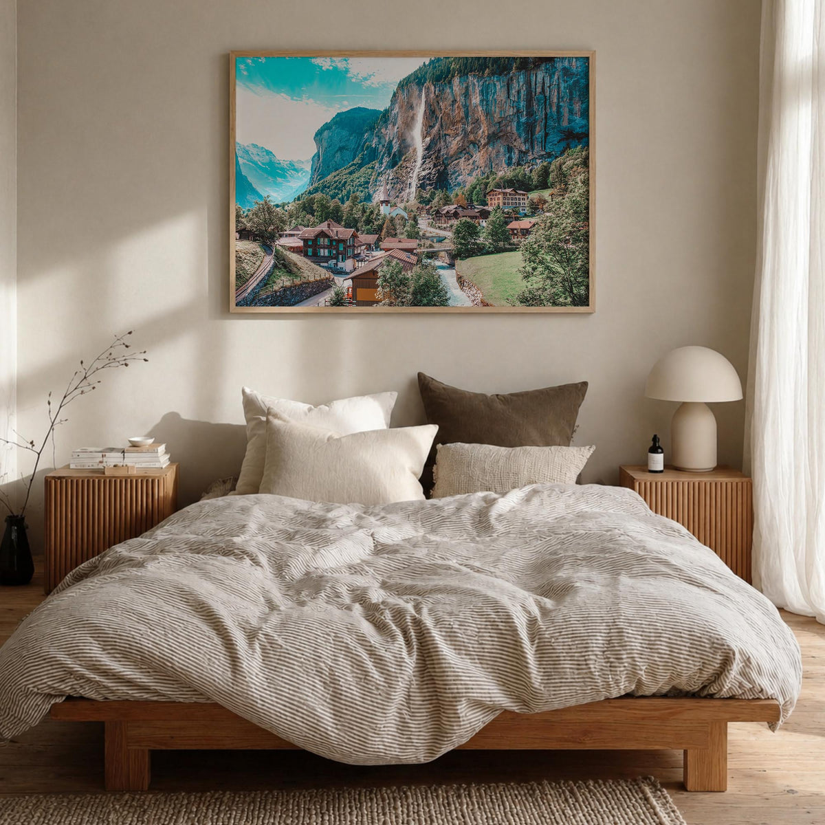 Lauterbrunnen colorful photo poster of Switzerland – horizontal wall art in natural wood frame, hanging on wall
