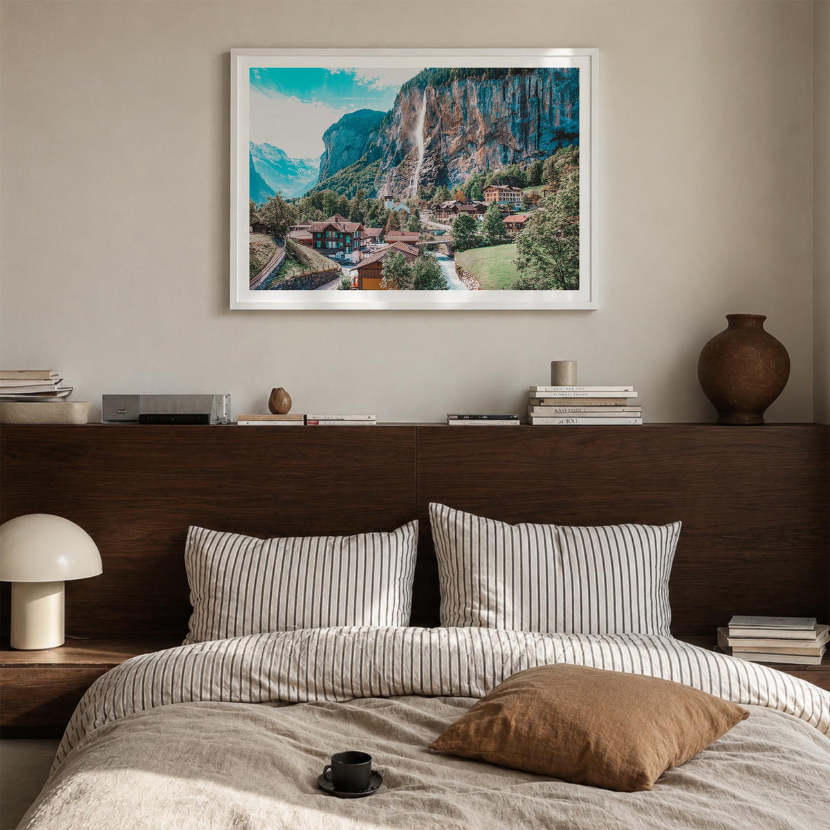 Lauterbrunnen colorful photo poster of Switzerland – horizontal wall art in white wood frame with white border, hanging on wa