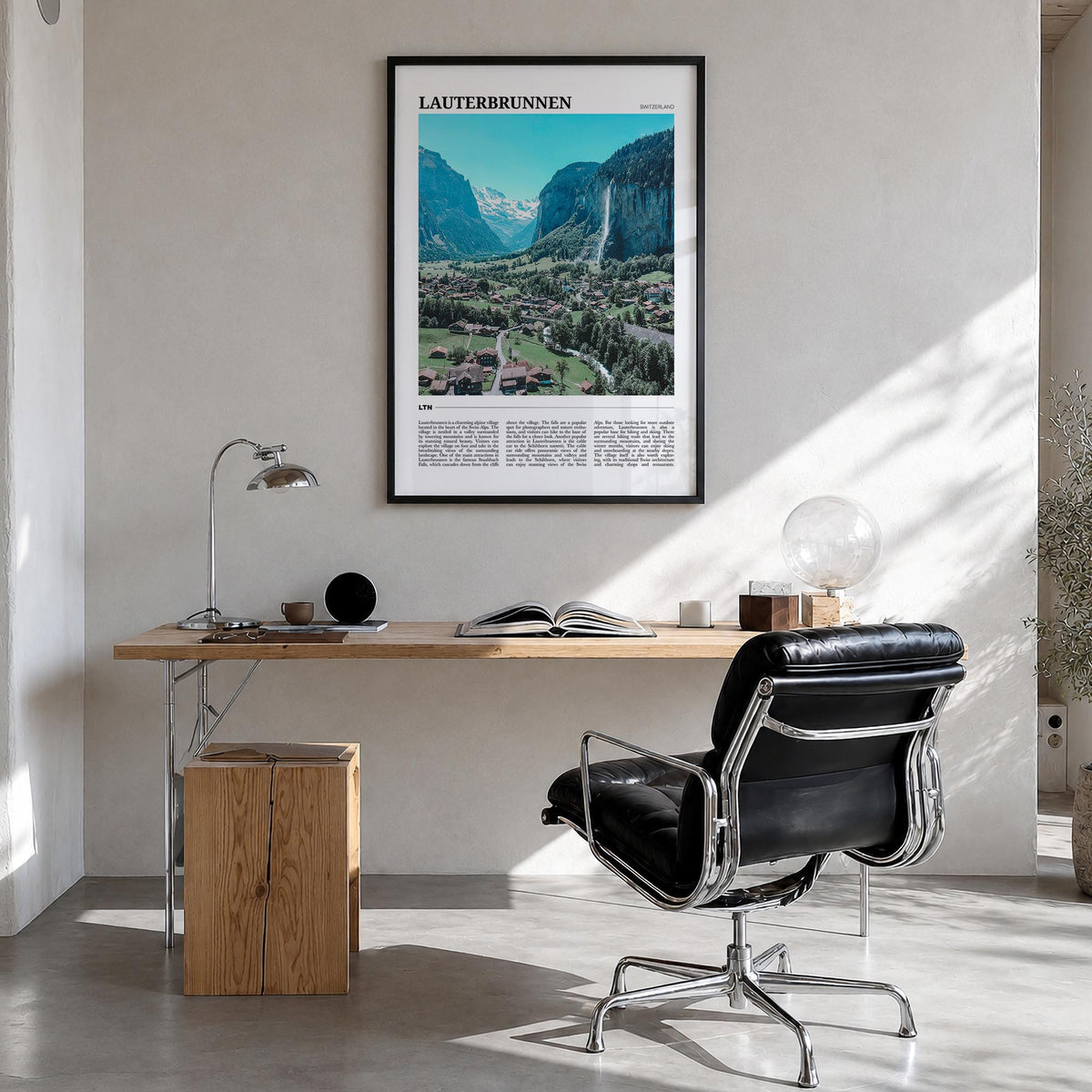 Lauterbrunnen colorful travel poster of Switzerland – vertical wall art in black wood frame, hanging on wall