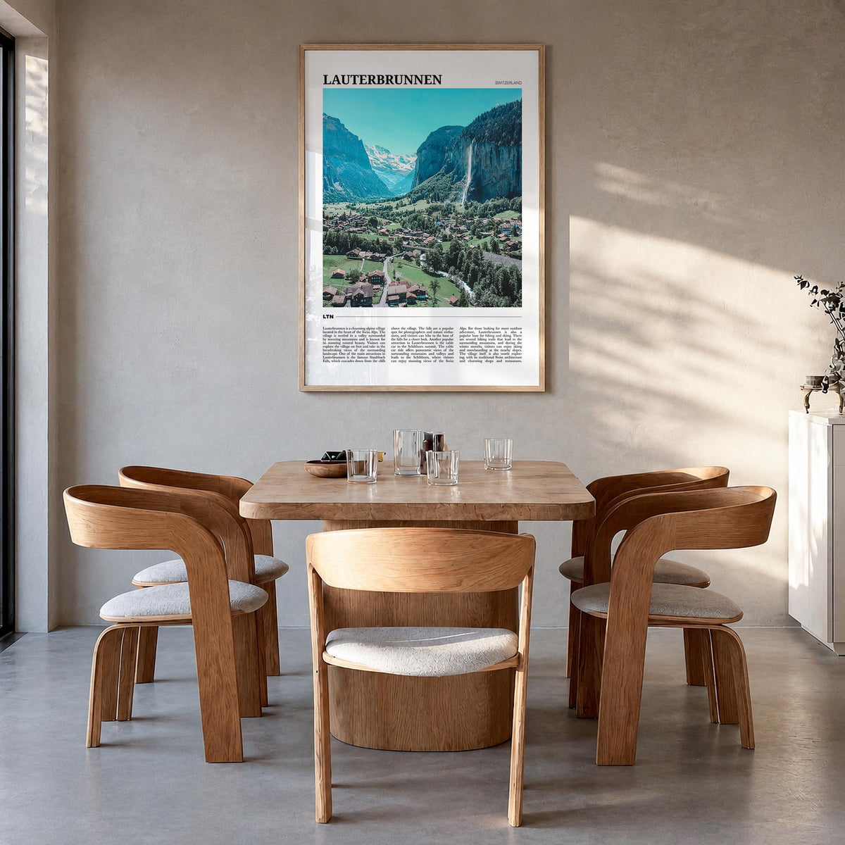 Lauterbrunnen colorful travel poster of Switzerland – vertical wall art in natural wood frame, hanging on wall
