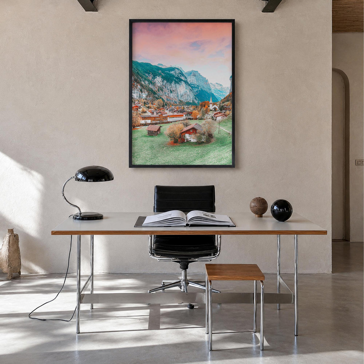 Lauterbrunnen no. 1 colorful photo poster of Switzerland – vertical wall art in black wood frame, hanging on wall