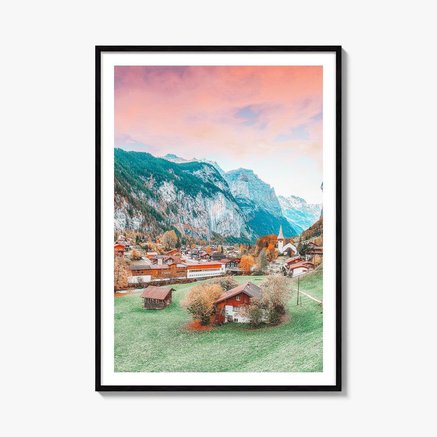 Lauterbrunnen no. 1 colorful photo poster of Switzerland – vertical wall art, unframed print shown in interior mockup