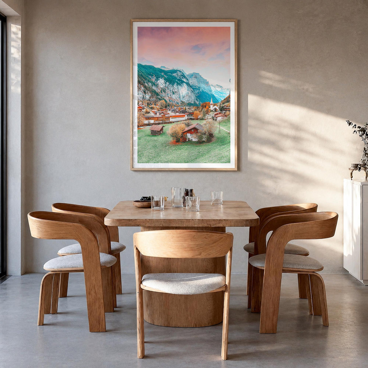 Lauterbrunnen no. 1 colorful photo poster of Switzerland – vertical wall art in natural wood frame with white border, hanging