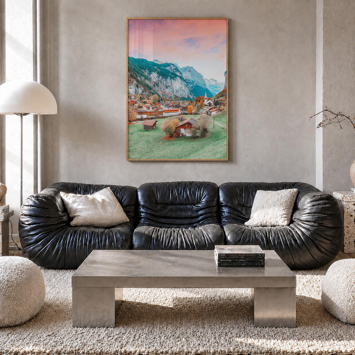Lauterbrunnen no. 1 colorful photo poster of Switzerland – vertical wall art in natural wood frame, hanging on wall