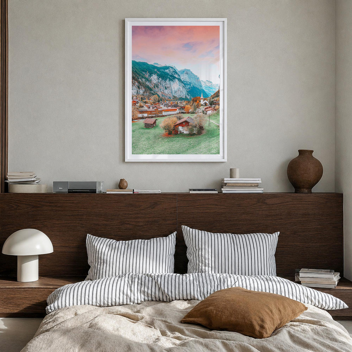 Lauterbrunnen no. 1 colorful photo poster of Switzerland – vertical wall art in white wood frame with white border, hanging o